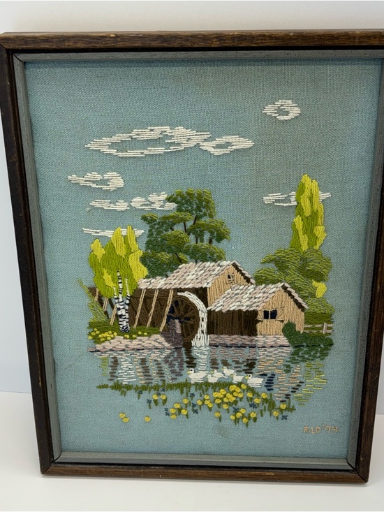Handmade Other - Vtg Framed Needlepoint Picture Crewel Of Dutch Grist Mill Ducks Flowers Cottage